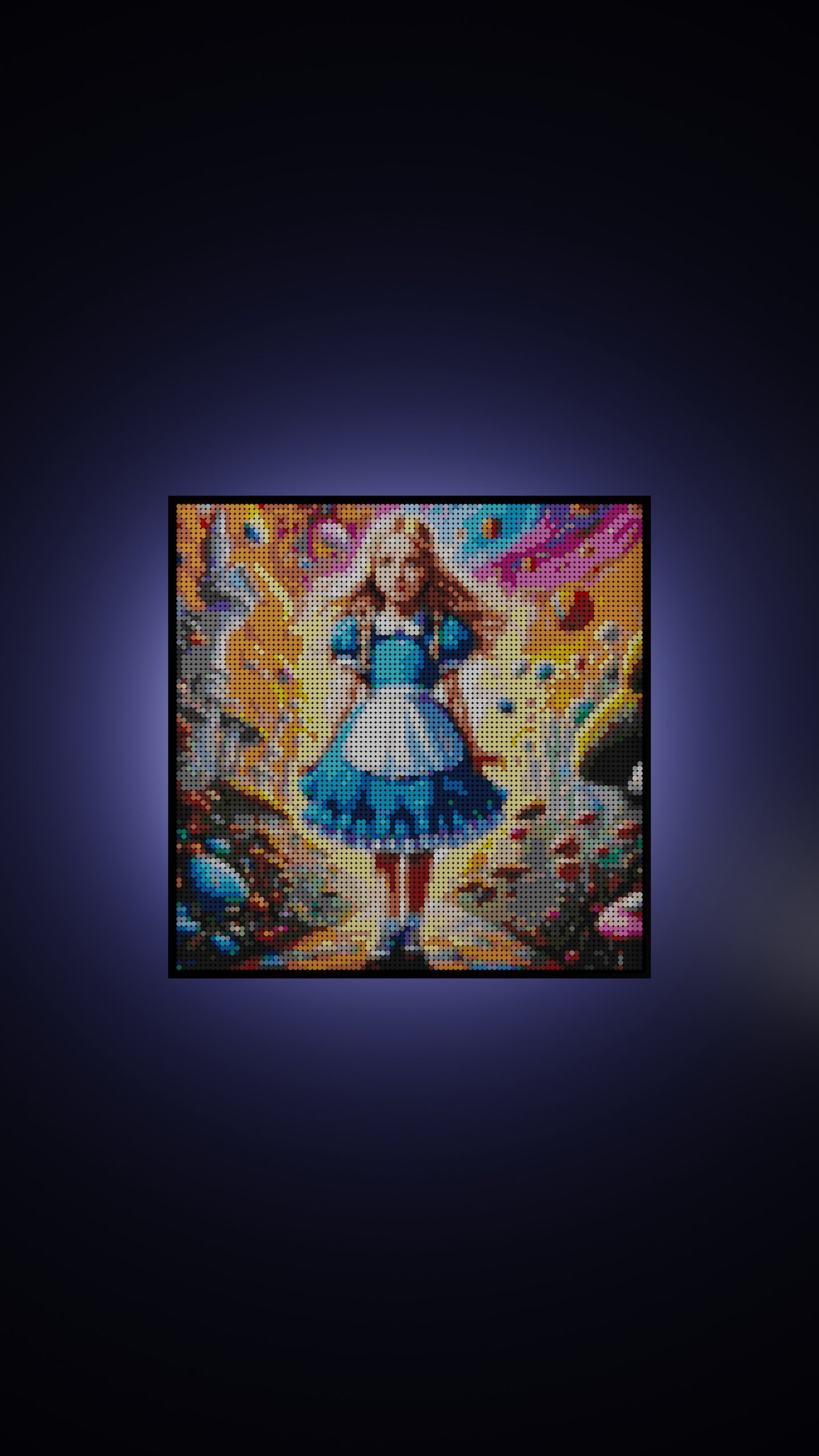 Alice in Wonderland LEGO® Style mosaic wall art made from colorful plastic bricks